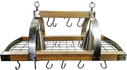 Elegant Designs PR1001-WOD 2-Light Wood Pot Rack 16 Hooks Downlights Nickel