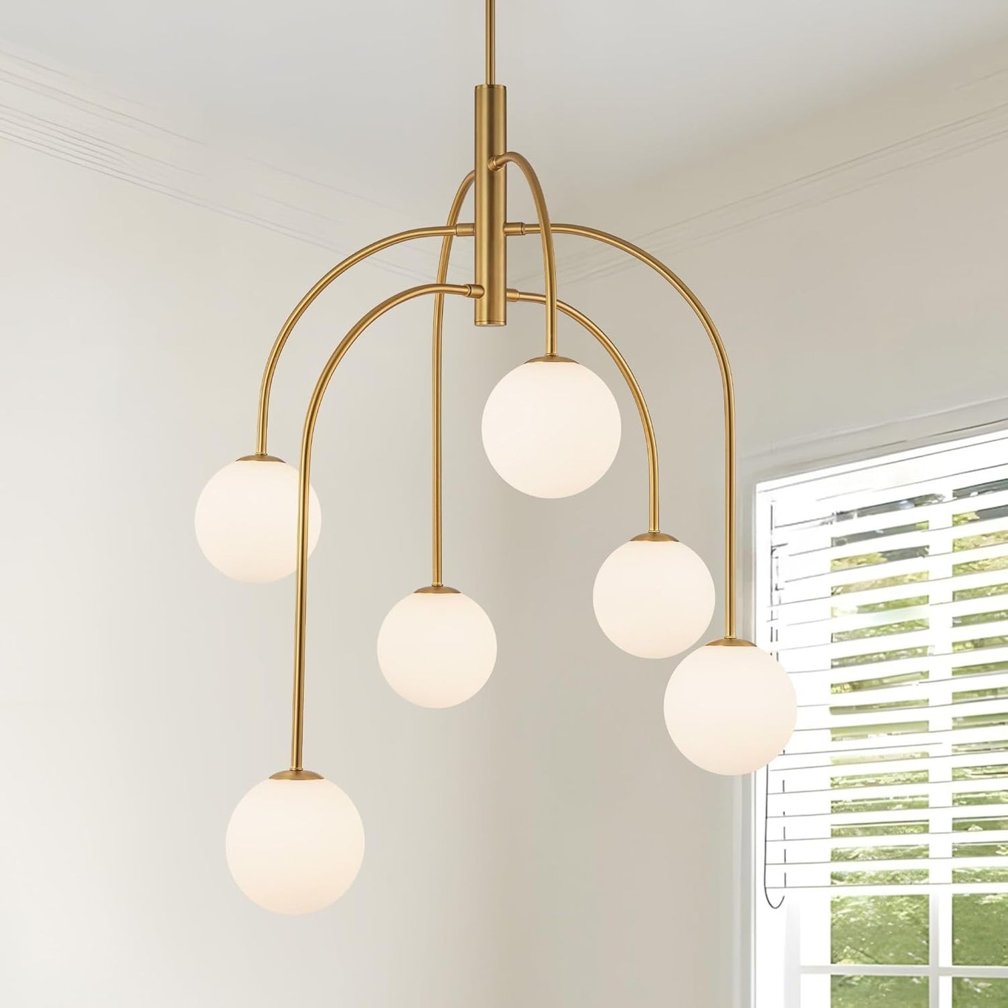 LamQee 6 Light Mid Century Modern Sputnik Chandelier Gold Milk Glass Globe G9