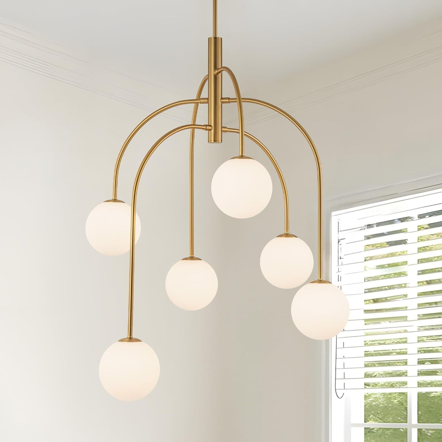 LamQee 6 Light Mid Century Modern Sputnik Chandelier Gold Milk Glass Globe G9