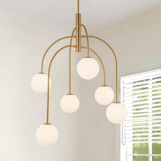 LamQee 6 Light Mid Century Modern Sputnik Chandelier Gold Milk Glass Globe G9