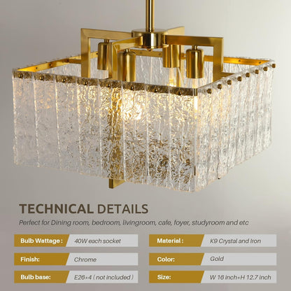 Modern Gold Square Chandelier Crystal Water Ripple Glass Pendant Light 16"