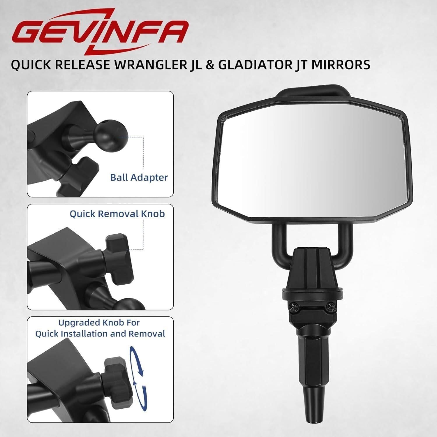 GEVINFA Wrangler JL JLU Gladiator JT 2018-23 Doors Off Mirrors Phone Holder Pair