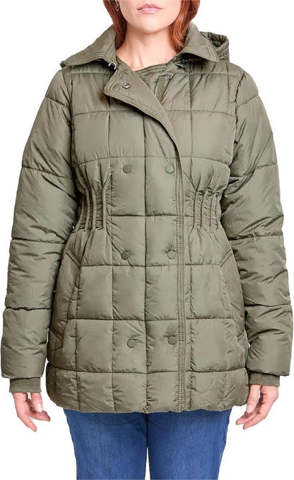 Royalty For Me Women XL Puffer Jacket Olive Hooded Cinched Waist Snap Zip New
