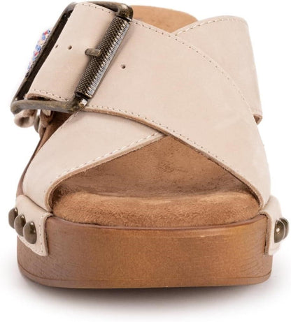 MUK LUKS Charlotte Women Size 7 Wedge Sandal Natural Nubuck Leather Memory Foam