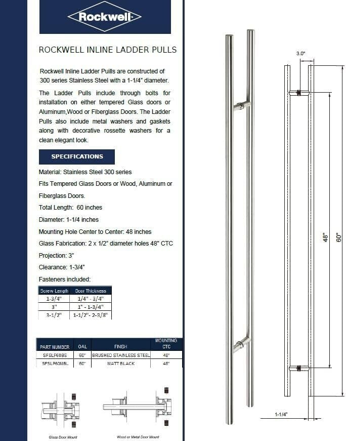 Rockwell 60" / 5ft - Ladder Pull Handle B2B - 48" CTC - Brushed Stainless Steel