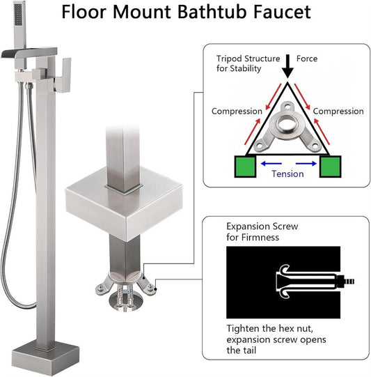 Freestanding Bathtub Faucet Brushed Nickel Waterfall Floor Mount Solid Brass