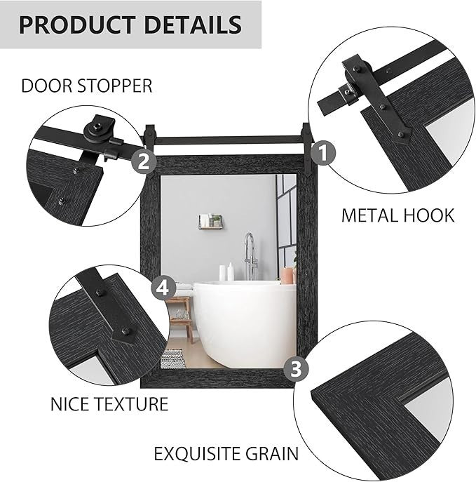 Menscha 22x32 Black Farmhouse Barn Door Mirror Bathroom Vanity Rustic Western