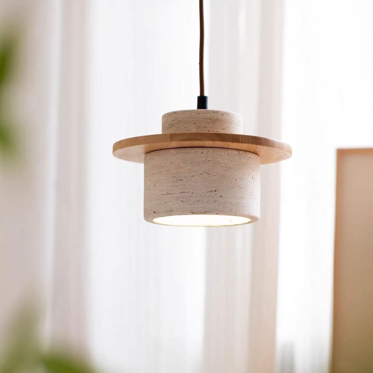 Axamate Wabi Sabi Pendant Light Travertine Stone Wood 4.7" E26 Japandi
