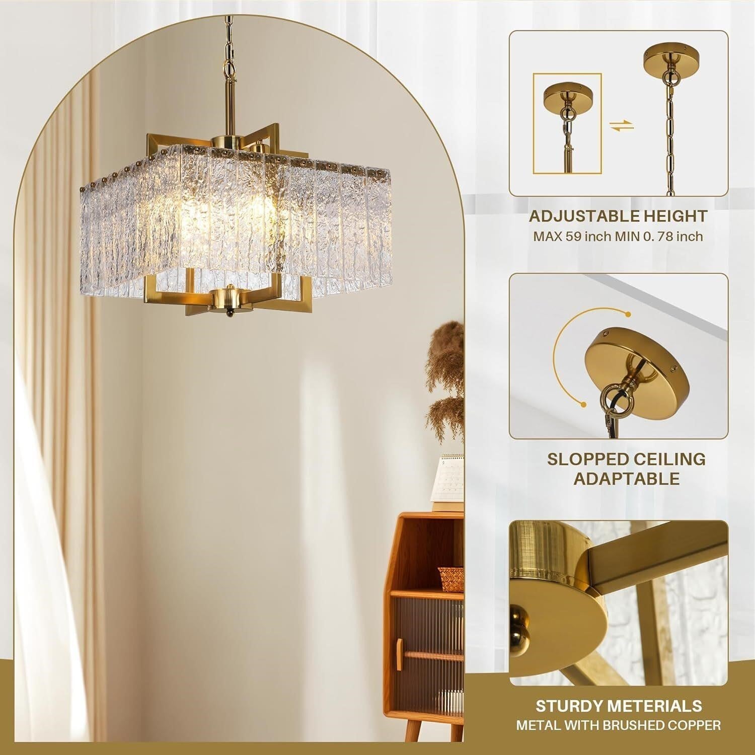 Modern Gold Square Chandelier Crystal Water Ripple Glass Pendant Light 16"