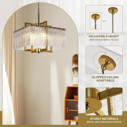 Modern Gold Square Chandelier Crystal Water Ripple Glass Pendant Light 16"