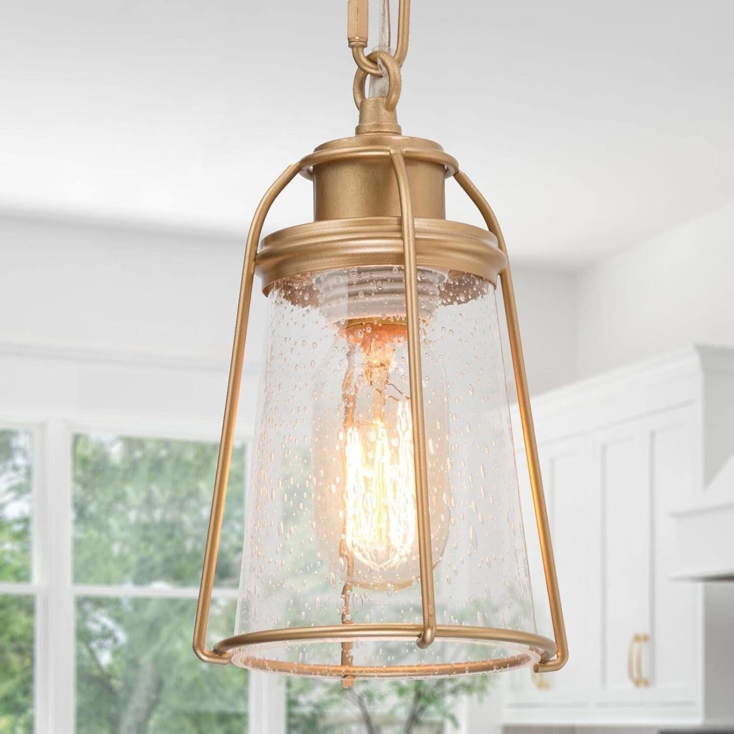 KSANA Gold Mini Pendant Light Seeded Glass Lantern Cage Kitchen Island ETL