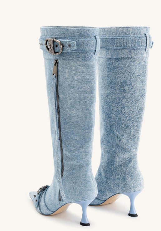 Nico Blue Denim Knee High Boot Pointed Toe Spool Heel Buckle Studded NIB
