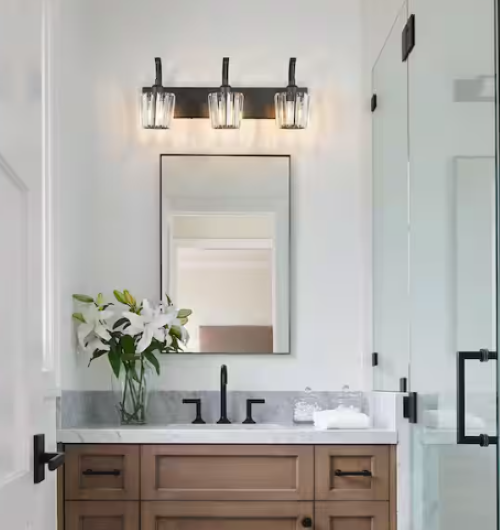 3-Light Crystal Vanity Light Black K9 Bathroom Over Mirror Sconce Dimmable 24in