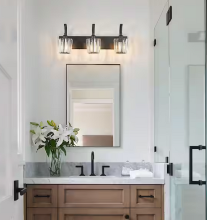 3-Light Crystal Vanity Light Black K9 Bathroom Over Mirror Sconce Dimmable 24in