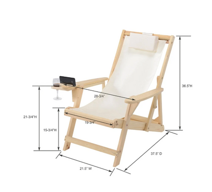 Wood Sling Lounge Chair Foldable Canvas Cup Holder Headrest Patio Beach
