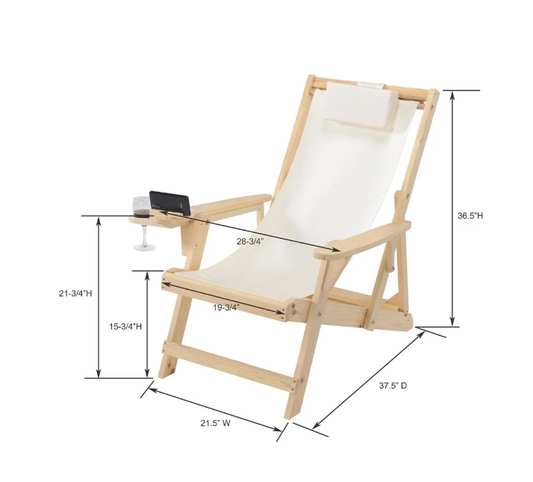 Wood Sling Lounge Chair Foldable Canvas Cup Holder Headrest Patio Beach