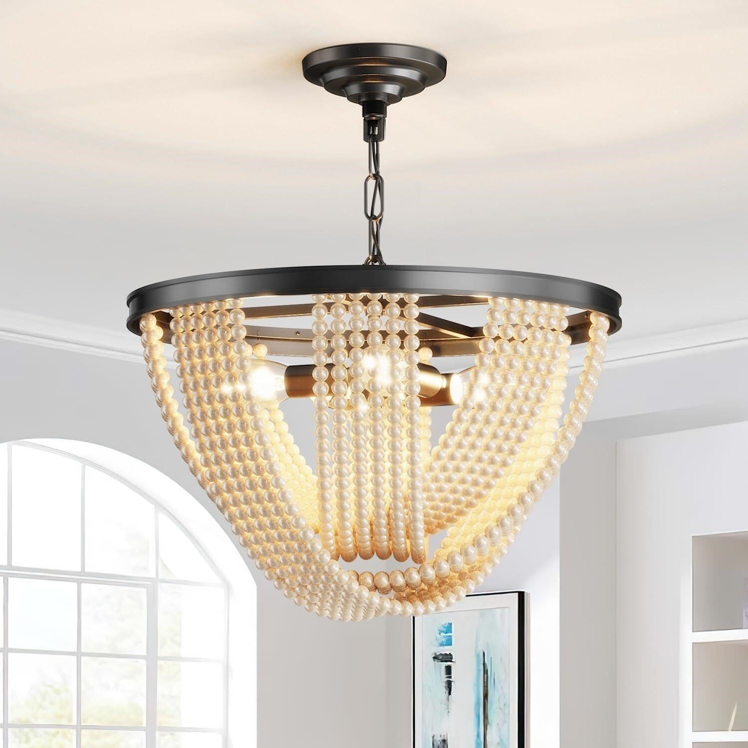 18" Pearl Bead Chandelier Black 4-Light Vintage Regency Boho Dining Bedroom