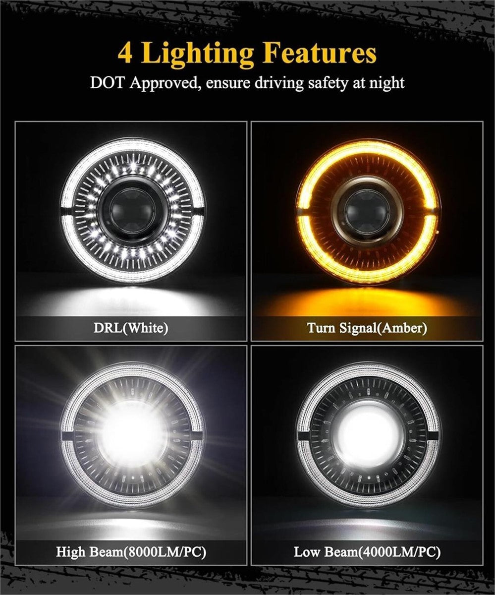Partsam 7 Inch LED Headlights H6024 DOT Jeep Wrangler JK TJ Amber Halo DRL Pair