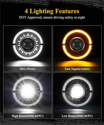 Partsam 7 Inch LED Headlights H6024 DOT Jeep Wrangler JK TJ Amber Halo DRL Pair