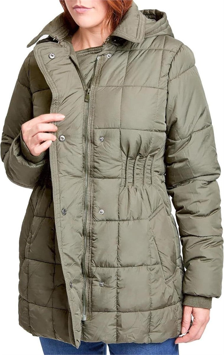 Royalty For Me Women XL Puffer Jacket Olive Hooded Cinched Waist Snap Zip New