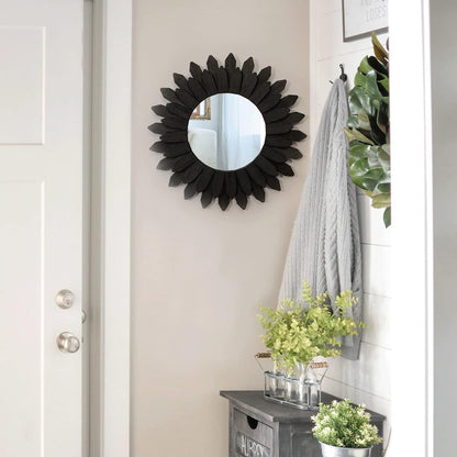 Honiway 12" Black Sunburst Mirror Solid Wood Boho Wall Decor Carbonized