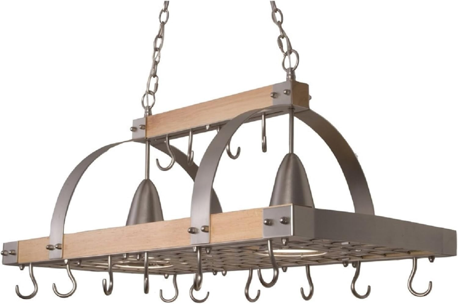 Elegant Designs PR1001-WOD 2-Light Wood Pot Rack 16 Hooks Downlights Nickel