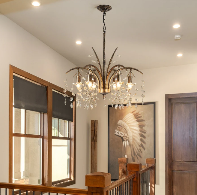 6-Light Bronze Crystal Chandelier 27.6" Vintage Empire Antique Dining Room